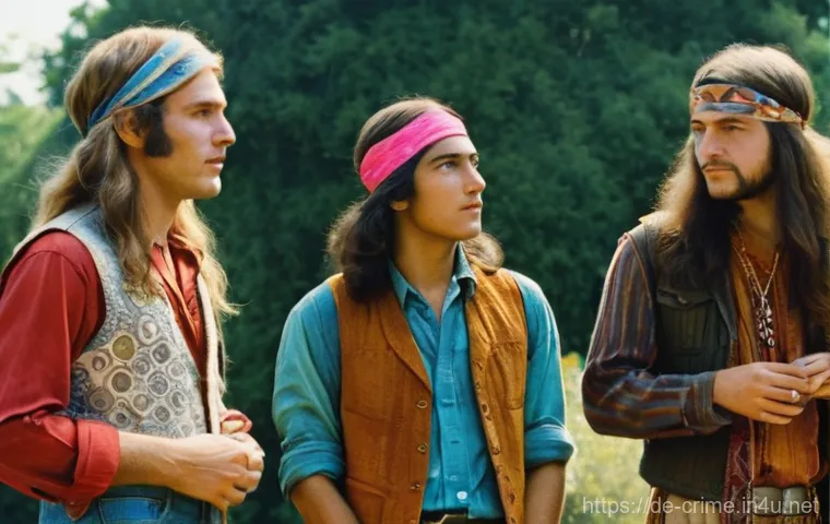 찰스 맨슨의 사상과 사이비 종교적 요소 분석 - **Prompt:** A diverse group of young adults in late 1960s hippie attire (bell-bottoms, tie-dye, peas...