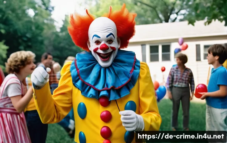 존 웨인 게이시의 피해자들 수법 처벌 과정 - A detailed portrait of a man dressed as a friendly clown named "Pogo," wearing colorful, vintage clo...