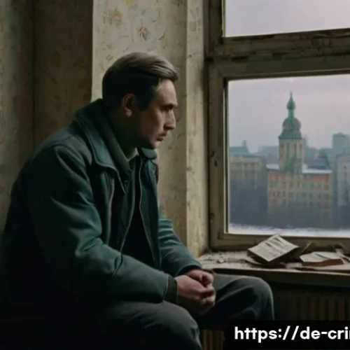 앙드레 치카틸로의 범죄 동기와 처벌 기준 - A detailed psychological portrait of a troubled man in his early adulthood, set in a dimly lit Sovie...