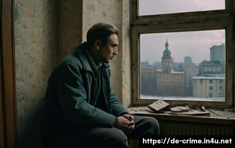 앙드레 치카틸로의 범죄 동기와 처벌 기준 - A detailed psychological portrait of a troubled man in his early adulthood, set in a dimly lit Sovie...