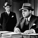 알 카포네의 세금 회피 혐의와 체포 과정 - A detailed courtroom scene from the 1930s Chicago setting, showing Al Capone dressed in a sharp dark...