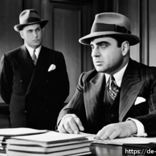 알 카포네의 세금 회피 혐의와 체포 과정 - A detailed courtroom scene from the 1930s Chicago setting, showing Al Capone dressed in a sharp dark...